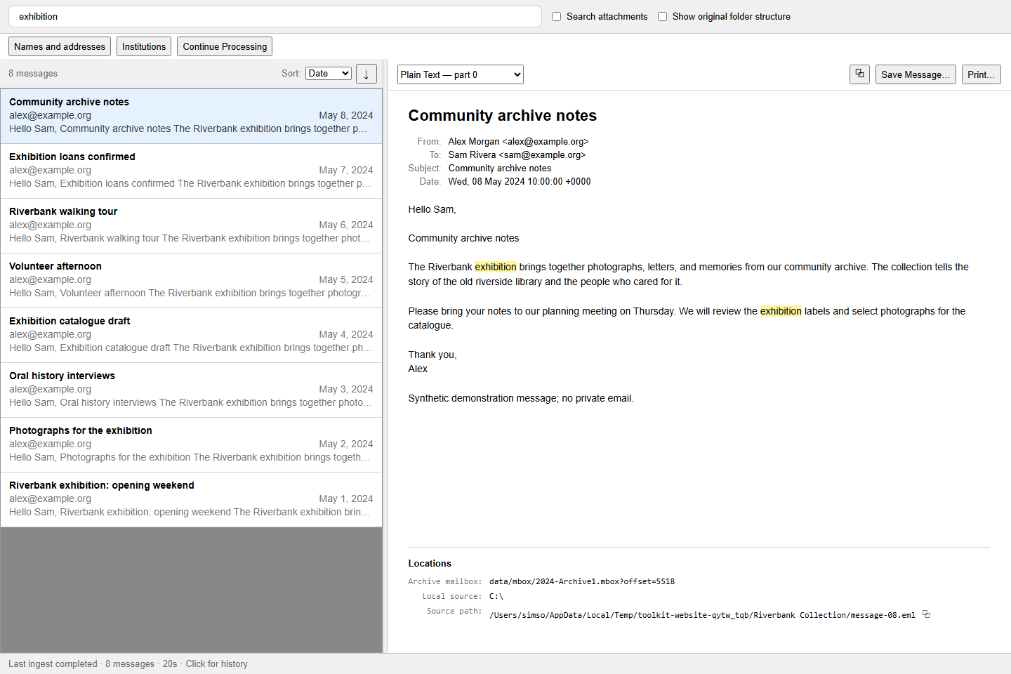 Search interface showing a synthetic archive collection, message results, and the selected message